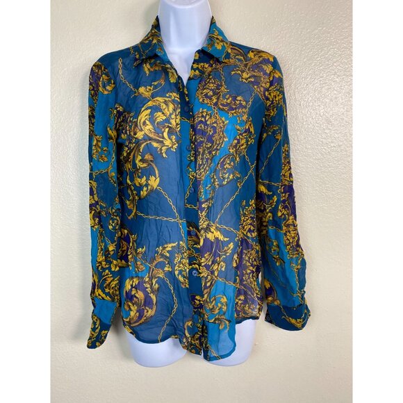 Bebe Mulberry Silk Womens Baroque Print Sheer Button Up Top size XS Long Sleeve - Picture 1 of 13